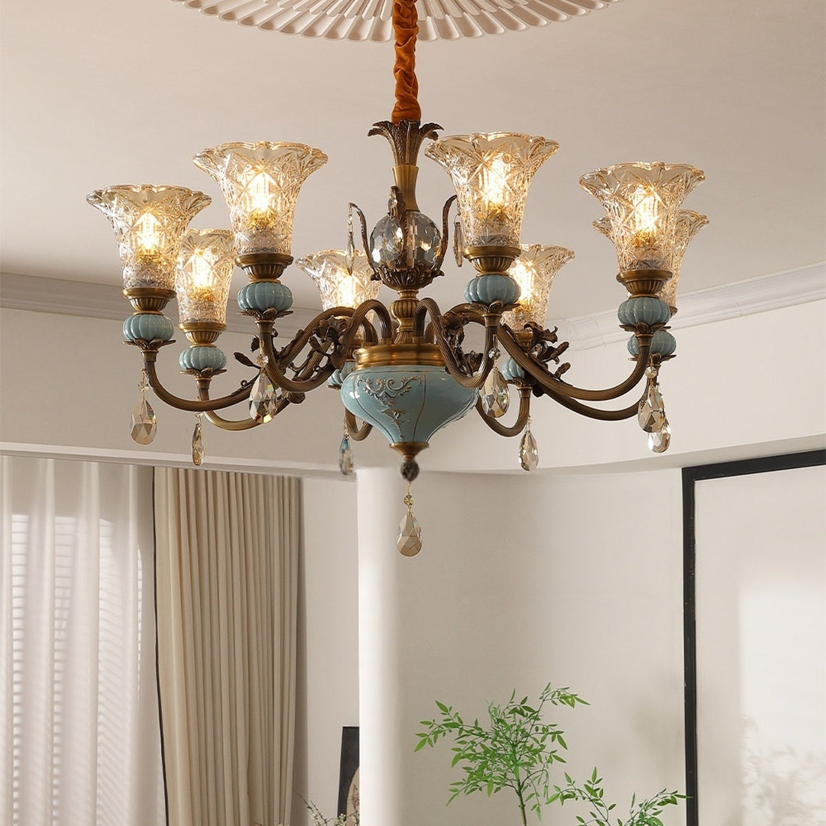 
Blue Glazed Ceramic Brass Crystal Chandelier