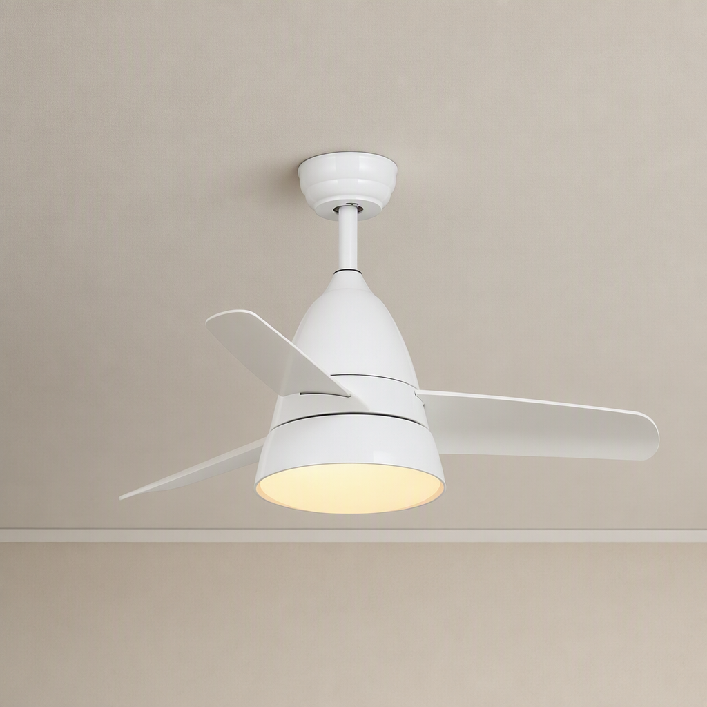 
All-White Compact Ceiling Fan with Light - FAN931-03 — All White clean installed product view on a warm neutral ceiling background
